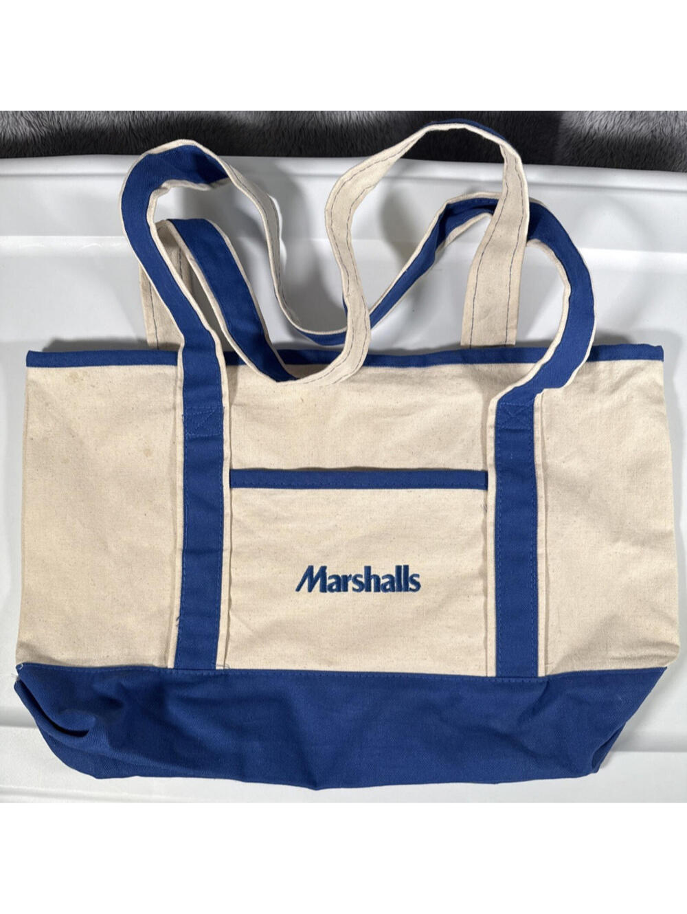 Marshalls Promo Heavy Canvas Tote Bag Boat Style Ivory Blue Embroidered Logo